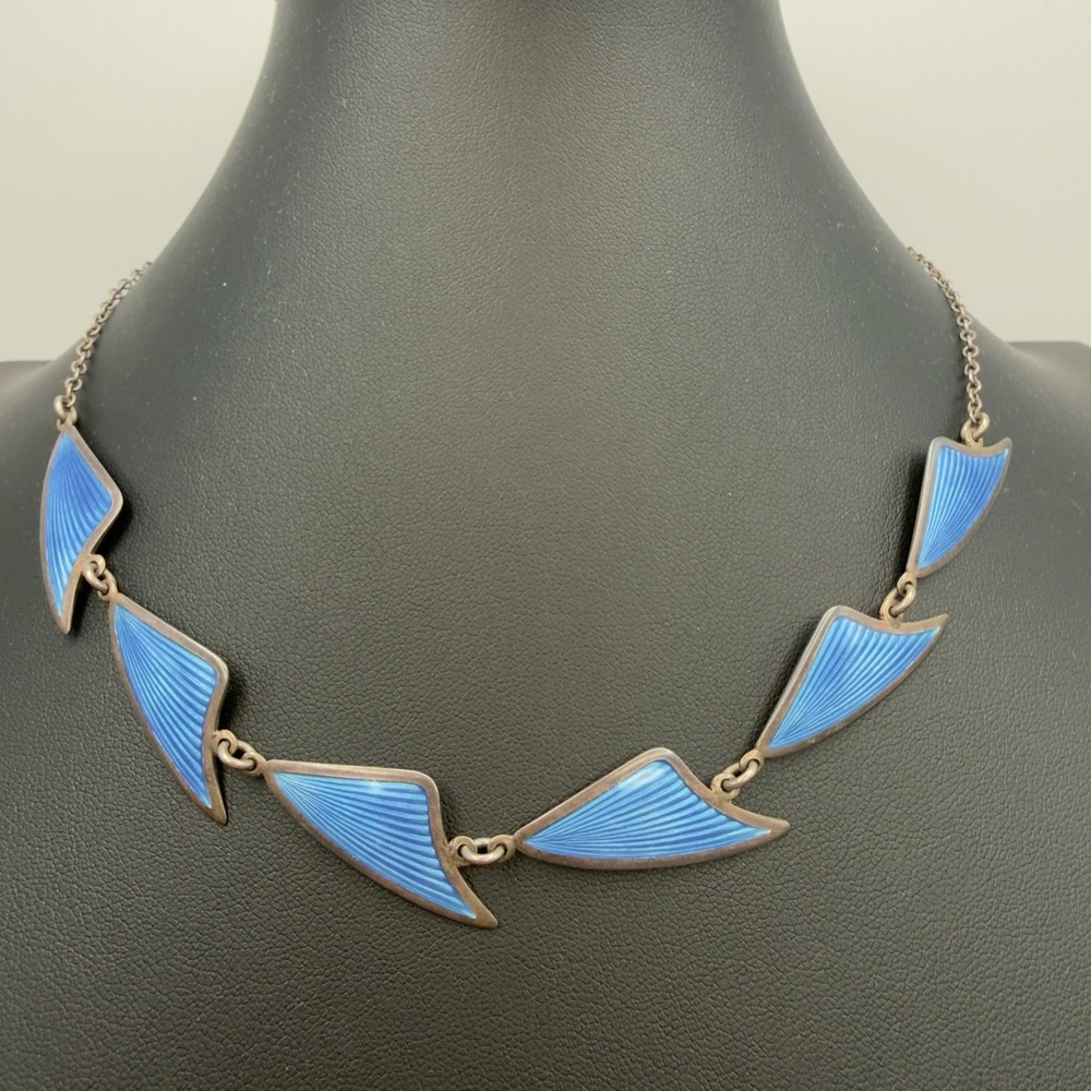 Brd B Denmark Sterling Silver Blue Enamel Necklace Modernist Fan Rare 17.5"